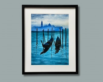 Impression d'art aquarelle gondole de Venise : illustration de voyage en Italie