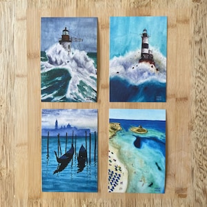 Lot de 4 cartes postales aquarelles : Venise, Sardaigne (Italie), Phare