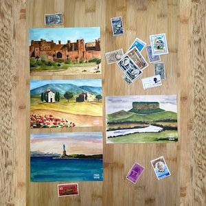 Lot de 4 cartes postales aquarelles - Venezuela, Maroc, New York, Toscane