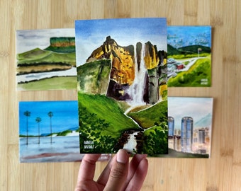 Set de 5 Postales en Acuarela de Venezuela: Caracas, Roraima y Canaima