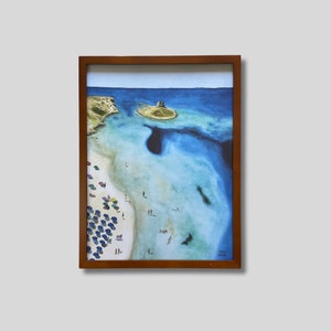 People on the Beach Art Print, Aerial Watercolor Travel Poster