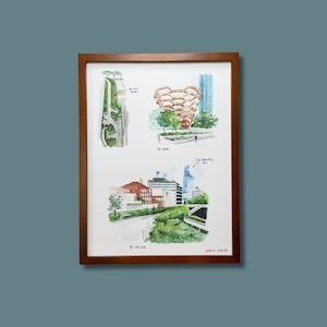 Poster Highline Park and the Vessel à New York, impression aquarelle de voyage