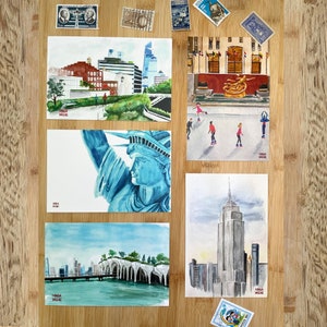 Lot de 5 cartes postales de New York, aquarelle de voyage, lot de 5 cartes postales