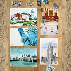 New York City Illustrations Postcard set, travel watercolor art postcards, Set of 5 Postcards