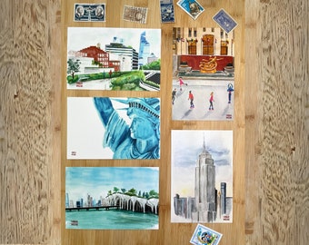New York City Illustrations Postcard set, travel watercolor art postcards, Set of 5 Postcards