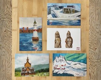 Set of 5 Watercolor Postcards Norway: Oslo Lighthouse, Opera, Lofoten, Heddal Stav church, viking chess pieces