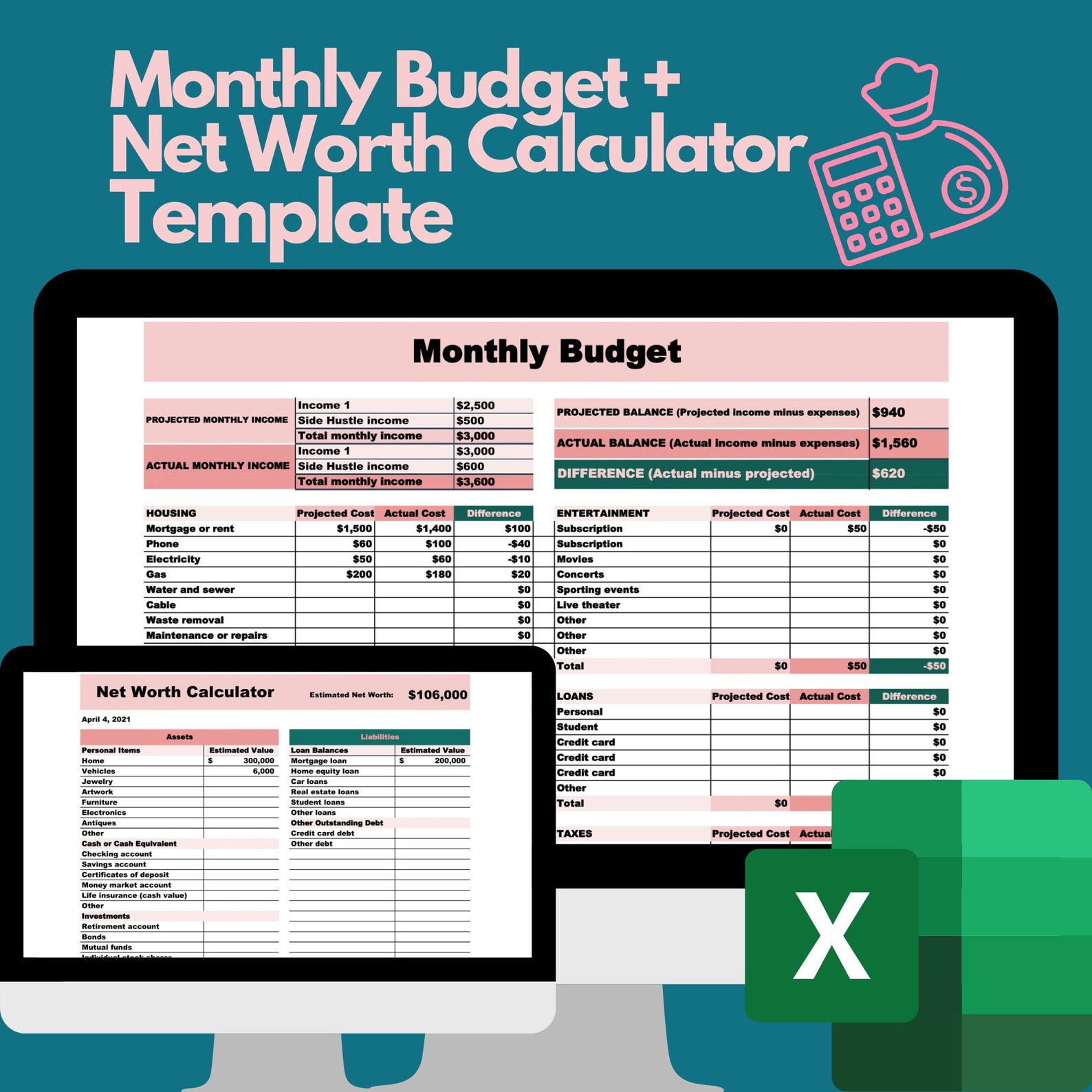 Bundle Monthly Budget Net Worth Calculator Excel Templates Etsy Australia