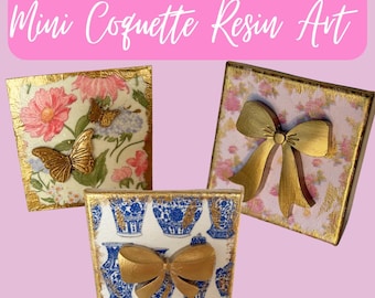 Handmade Coquette Mini Floral Canvases With Gold Resin Centerpieces