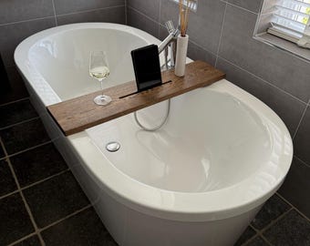 Solid oak bath tray in Black Brown | Wooden bath tray – oak bathtub caddy | handmade bathroom accessory | luxury wellness gift