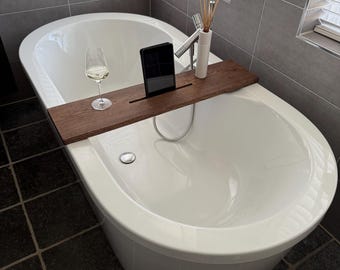 Plateau de bain en chêne massif et noyer | Plateau de bain en bois – Support de baignoire en chêne | Accessoire de salle de bain fait main | Cadeau bien-être de luxe