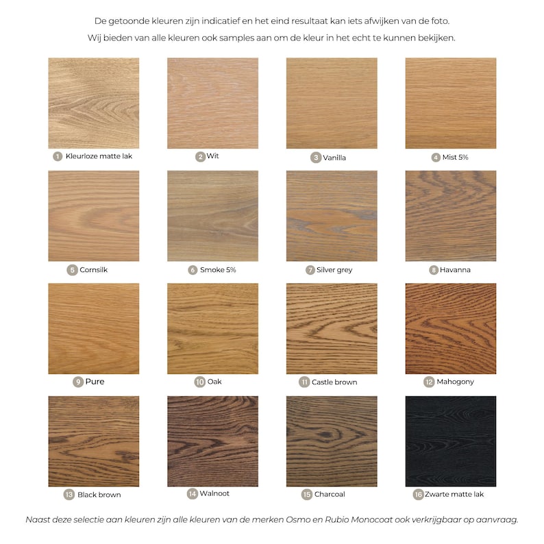 Puede incluir: Una carta de colores con 16 muestras de tinte para madera, que van del claro al oscuro. Las muestras incluyen tonos como 'Vanilla', 'Oak', 'Mahogany' y 'Charcoal'. El texto indica que los colores pueden variar ligeramente de la foto.