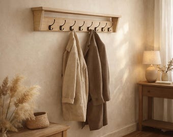 Appendiabiti in rovere massello con ripiano | Appendiabiti da parete con ganci | Appendiabiti fatto a mano | Appendiabiti per corridoio o ingresso | Disponibile in 16 colori