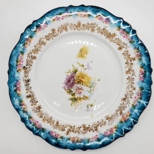 Antique Circa 1890-1910 Royal Coburg (RS Prussia) Plate Floral Center & 22K Gold Filigree Trim Teal Border