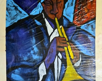 ジャズミュージシャンの絵画 トランペッター オリジナルアート 音楽