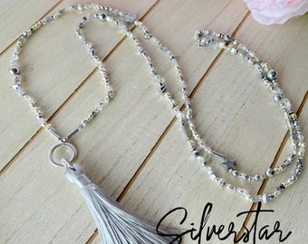 Boho Kette lang, Perlenkette silber mit Quaste, lange Kette mit Anhänger, Design: Silverstar, lange Halskette Damen, Tassel, Silberkette