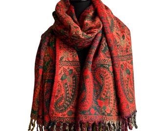 Tibetan Yak Wool Blanket Soft Oversized Red Shawl, Warm Shawl, High Quality, Handmade in Nepal , 100cmx215cm