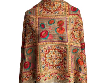 Geborduurde wollen Pashmina sjaal en omslagdoek, handgemaakt in Nepal, reisomslagdoek, avondomslagdoek, unieke mooie sjaal