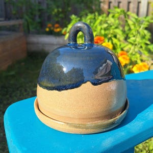 Handmade Ceramic Butter Dish with Bell Lid – Stoneware Countertop Butter Keeper (Blue Drip)