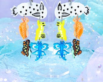 Sea Slug Drop Earrings, Nudibranch Acrylic Earrings, Sea Creature and Marine Biology Gifts