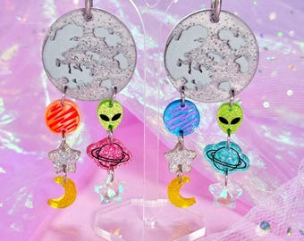 Moon Drop Acrylic Earrings, Celestial Space Earrings and Accessories