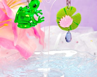 Frog and Lily Pad Earrings, Frog Acrylic Earrings