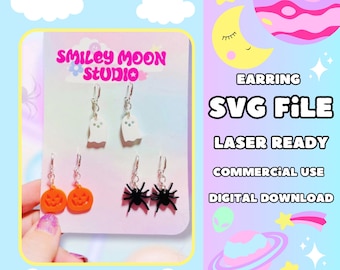 May include: A set of three pairs of Halloween-themed earrings. The earrings are made of acrylic and feature a ghost, a pumpkin, and a spider. The earrings are laser-cut and ready to be used for commercial purposes. The image includes the text "EARRING SVG FILE LASER READY COMMERCIAL USE DIGITAL DOWNLOAD @SMILEYMOONSTUDIO".