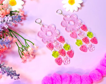 Strawberry Flower Acrylic Earrings, Laser Cut Acrylic Earrings, Whimsical, Drop Earrings, Statement Earrings