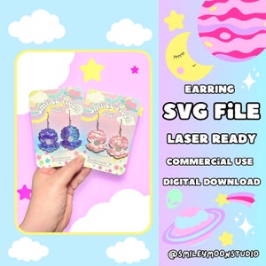 May include: Two pairs of earrings featuring a shell design. The earrings are on cards with the text "Smiley Moon Studio". The text "EARRING SVG FILE LASER READY COMMERCIAL USE DIGITAL DOWNLOAD @SMILEYMOONSTUDIO" is also visible.