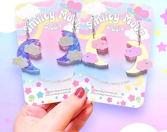 Celestial Moon Acrylic Earrings, Moon and Cloud Laser Cut Acrylic Earrings, Moon Earrings