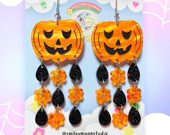 Pendientes acrílicos florales de Halloween, pendientes de calabaza, pendientes de Halloween cortados con láser