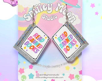 Read Banned Books Acrylic Earrings, Book Earrings, Bookish Gifts, Laser Cut Acrylic Earrings, Book Lover Earrings