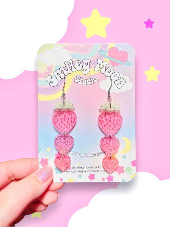 Strawberry Stack Earrings, Acrylic Laser Cut Earrings, Fruit Earrings, Funky Earrings, Kawaii Earrings