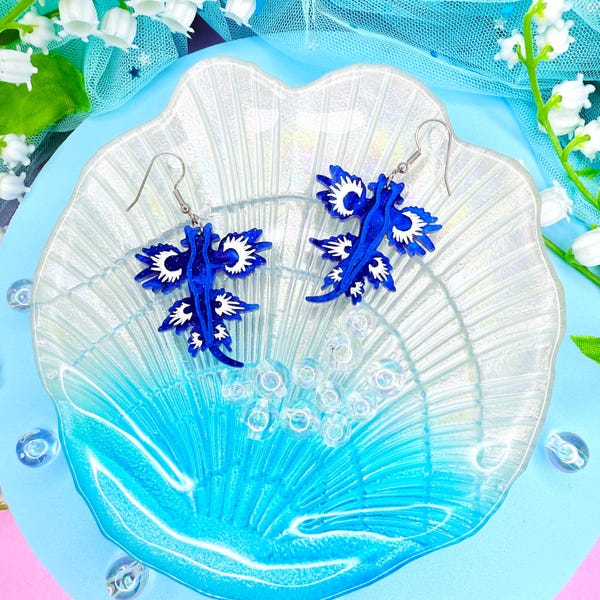 Blue Glaucus Sea Slug Acrylic Earrings, Nudibranch Gifts , Laser cut Acrylic Art, Ocean Animal Earrings, Blue Dragon