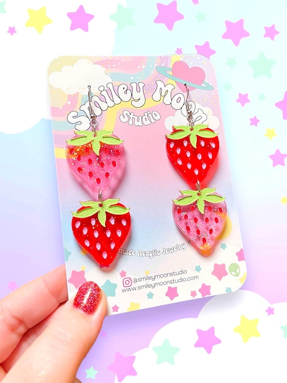 Jelly Strawberry Earrings, Acrylic Laser Cut Earrings, Fruit Earrings, Funky Earrings, Kawaii Earrings