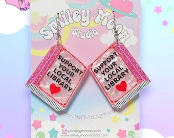 Support Your Library Acrylic Earrings, Book Earrings, Bookish Gifts, Laser Cut Acrylic Earrings, Book Lover Earrings, Library Lover