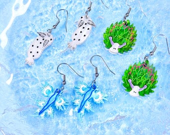 Sea Slug Earring Bundle, Leaf Sheep, Sea Bunny, and Blue Dragon Earrings, Nudibranch Gifts