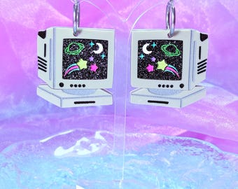 90s Retro Computer Acrylic Earrings, Y2K Funky Space Earrings, Beige Tech