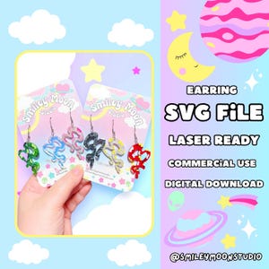 May include: Five pairs of colorful resin earrings in the shape of a wavy line. The earrings are displayed on cards with the text "Smiley Moon Studio". The text "EARRING SVG FILE LASER READY COMMERCIAL USE DIGITAL DOWNLOAD @SMILEYMOONSTUDIO" is also visible.