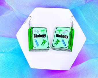 Boucles d'oreilles en acrylique livre de biologie, art acrylique découpé au laser, boucles d'oreilles pour professeur, accessoires scientifiques, boucles d'oreilles scientifiques