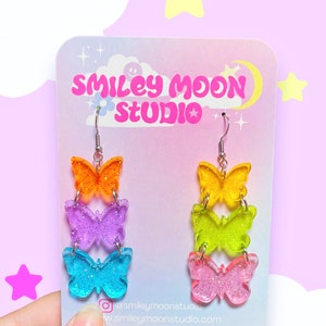 Glitter Jelly Rainbow Butterfly Acrylic Earrings, Laser Cut Acrylic Earrings