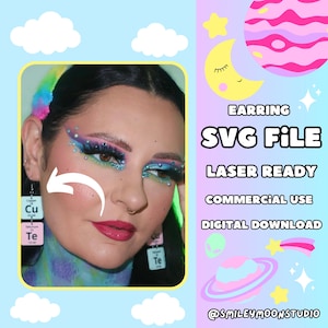 May include: A digital download of an earring SVG file, laser ready for commercial use. The earring features a colorful design with the chemical symbols for copper and tellurium. The image shows a model wearing the earring with colorful makeup.