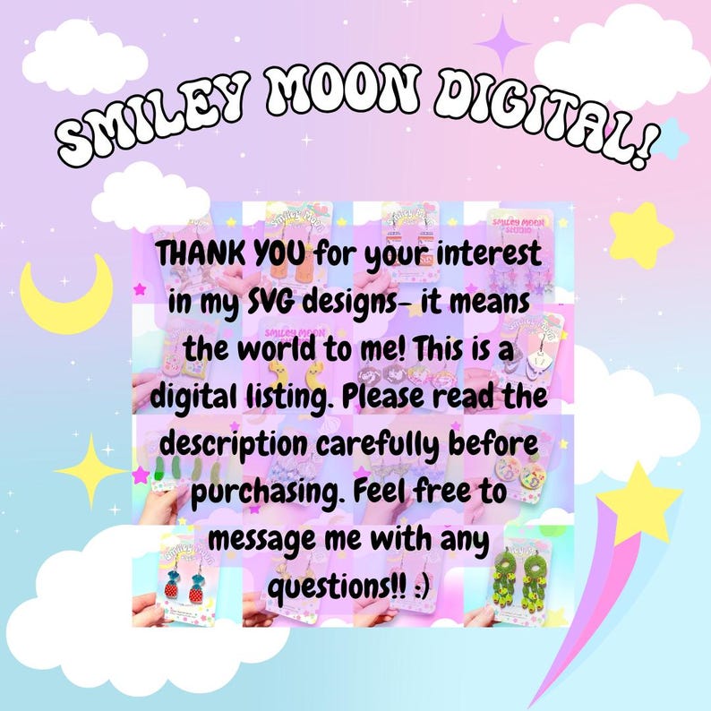Puede incluir: Una lista digital de dise&ntilde;os SVG. El texto "THANK YOU for your interest in my SVG designs - it means the world to me! This is a digital listing. Please read the description carefully before purchasing. Feel free to message me with any questions!! :)" se muestra en un fondo rosa y morado con estrellas y nubes.