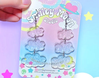 Glitter Cloud Earrings, Acrylic Laser Cut Earrings, Heart Earrings, Funky Earrings, Whimsical Earrings