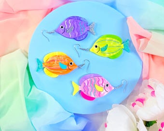 Funky Tropical Fish Acrylic earrings, Fish Earrings, Laser Cut Acrylic Earrings, Sea Creature Earrings, Cute Statement Earrings