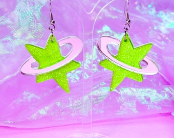 Y2K Cosmic Star Acrylic Earrings (Green), Celestial Jewelry