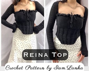 Reina Top Crochet Pattern | Crochet Top Long Sleeves Corset with Square neck Intermediate Pattern for Any Size