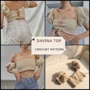 May include: Crochet pattern for a beige off-the-shoulder top with puffed sleeves. The pattern is called "Davina Top".