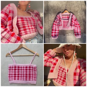 May include: A pink and red gingham crochet crop top and cardigan set. The set is made of soft yarn and has a relaxed fit. The cardigan has a V-neck and long sleeves. The top has a square neckline and thin straps.