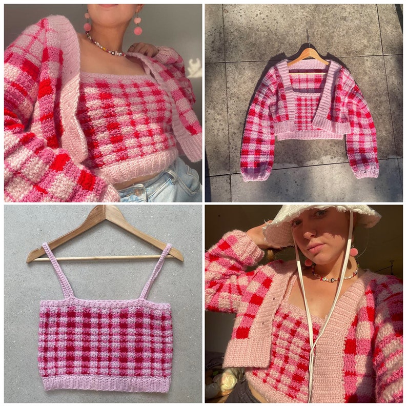 May include: A pink and red gingham crochet crop top and cardigan set. The set is made of soft yarn and has a relaxed fit. The cardigan has a V-neck and long sleeves. The top has a square neckline and thin straps.