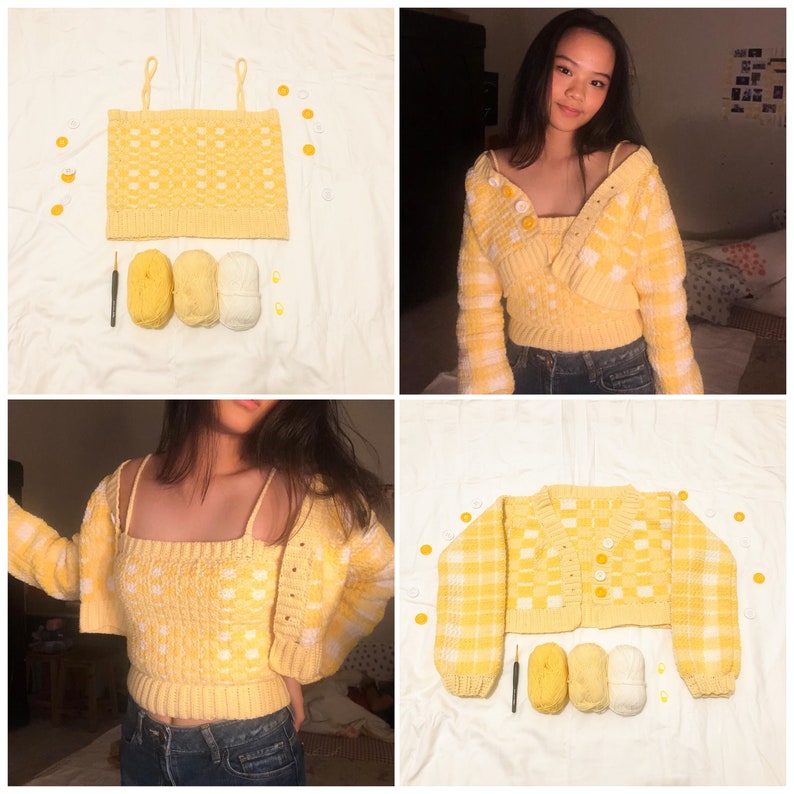 May include: A yellow and white crochet crop top and cardigan set with buttons. The set is laid out on a white surface with yarn and buttons.